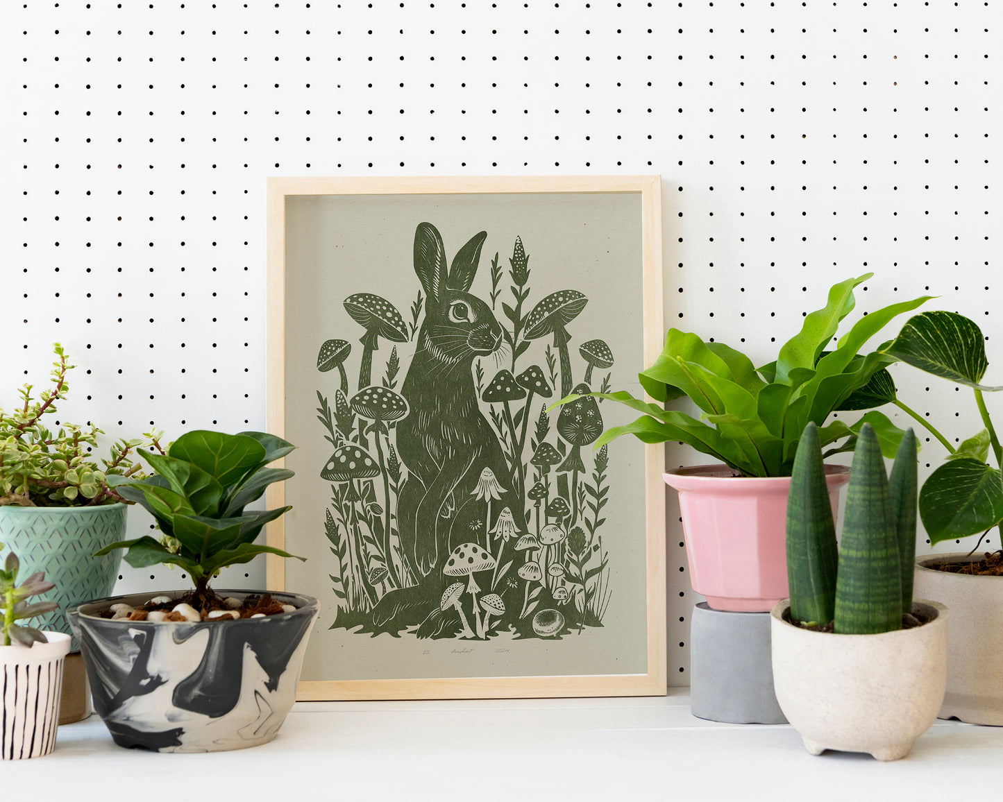 Printable linocut prints Sage green rabbit with mushroom and plant wall art Relief texture Cottagecore decor Digital downloadable poster Instant download Lino linogravure foraged Living room Bedroom Kitchen Farm Farmhouse Dining room wall art decor Wildflowers floral kids Easter home aesthetic