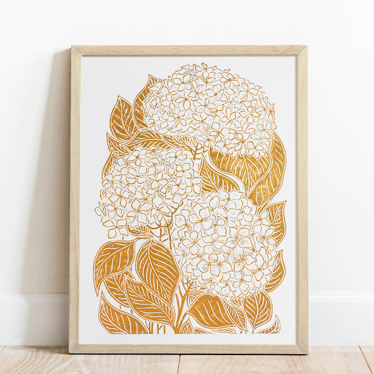Ochre hydrangea flowers Linocut print Wall hanging art decor lino print, linogravure. printmaking, relief print, block print, wall hanging, unique wall art, trendy wall art, thank you gift boss, teacher appreciation gift, Summer wall art, Spring wall art, sister in law gift, shelf decor, self gift, rustic wall art, retirement gift, realtor closing gift, Plant print, plant lover gift, original artwork, one of a kind, nurse gift