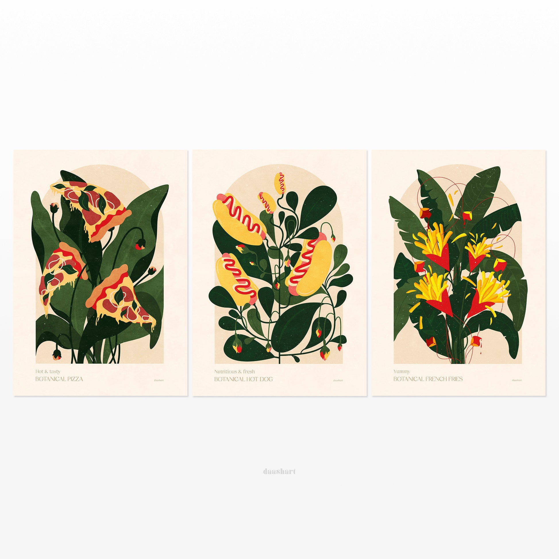 Gallery wall set of 3 Botanical pizza French fries and hot dog fast food poster for Modern kitchen
