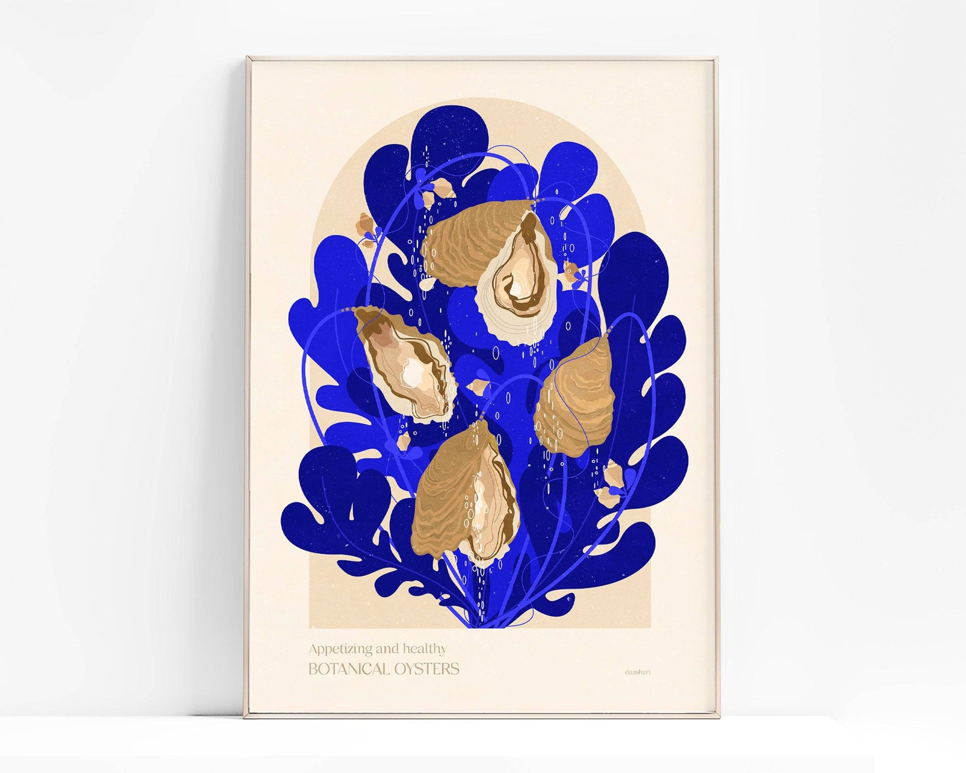 Botanical vintage oysters shells poster art for modern kitchen and dining room