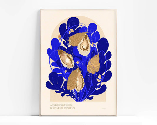 Botanical vintage oysters shells poster art for modern kitchen and dining room