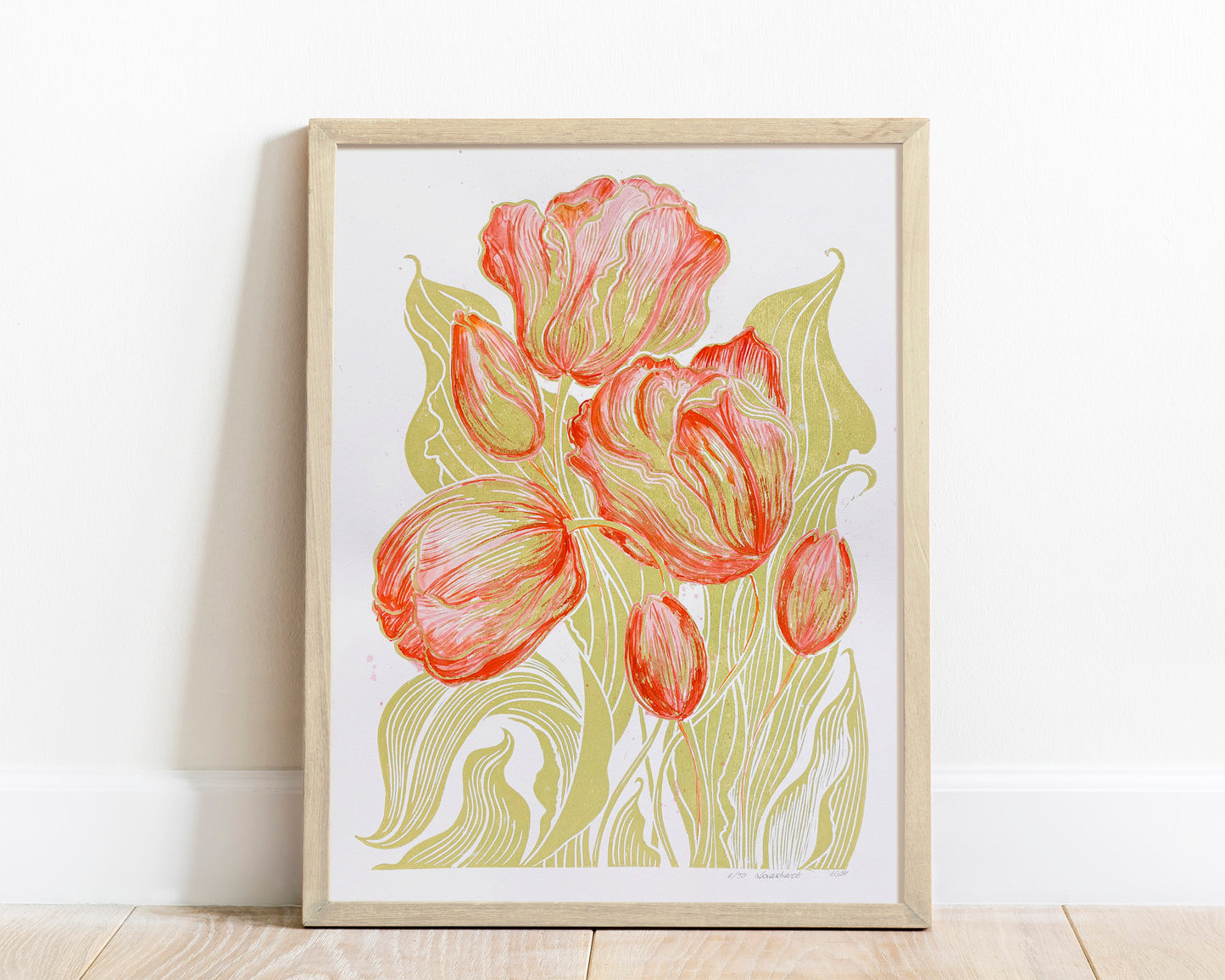 Watercolor purple tulips flowers Green plant Botanical linocut print