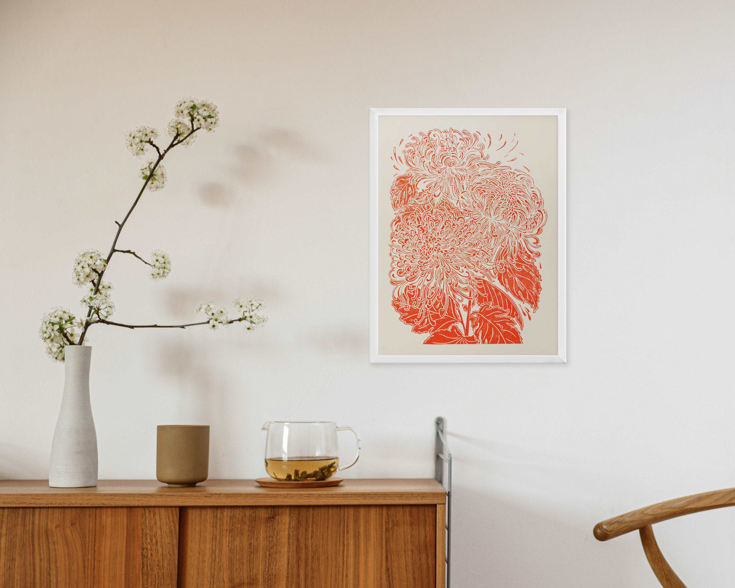 Red japanese chrysanthemum flower Linocut print for Nature lover gift UNFRAMED for modern kitchen or bedroom wall decor