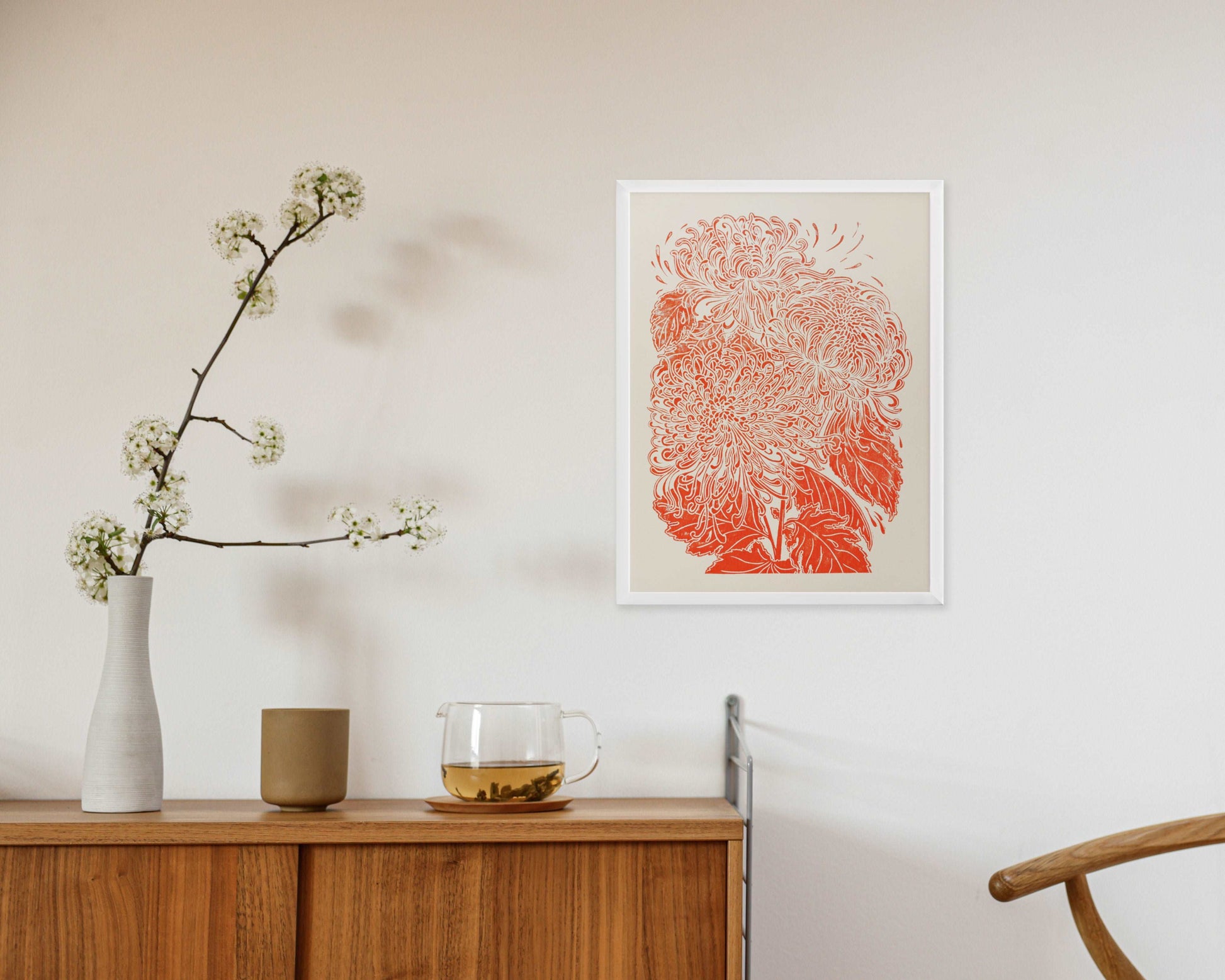 Red japanese chrysanthemum flower Linocut print for Nature lover gift UNFRAMED for modern kitchen or bedroom wall decor