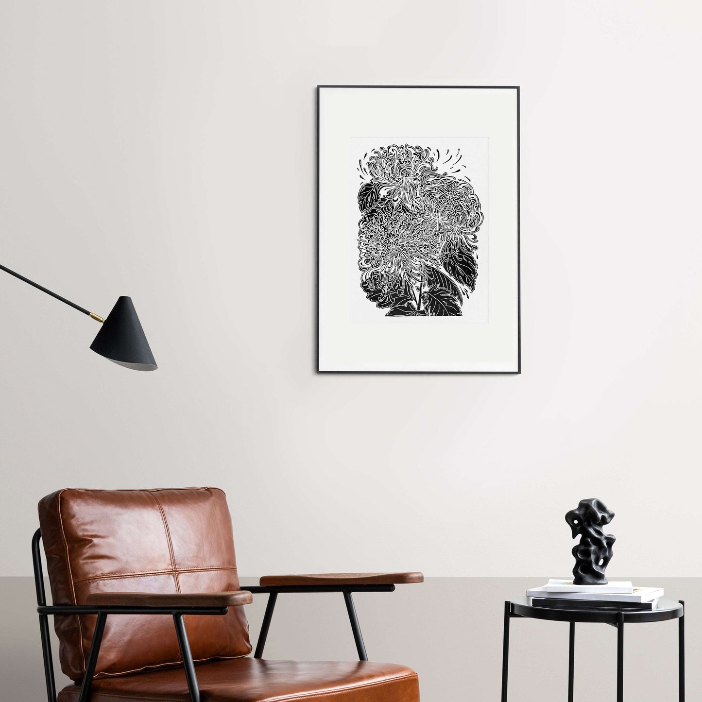 Black japanese chrysanthemum flower Linocut print for Nature lover gift UNFRAMED for modern kitchen or bedroom wall decor