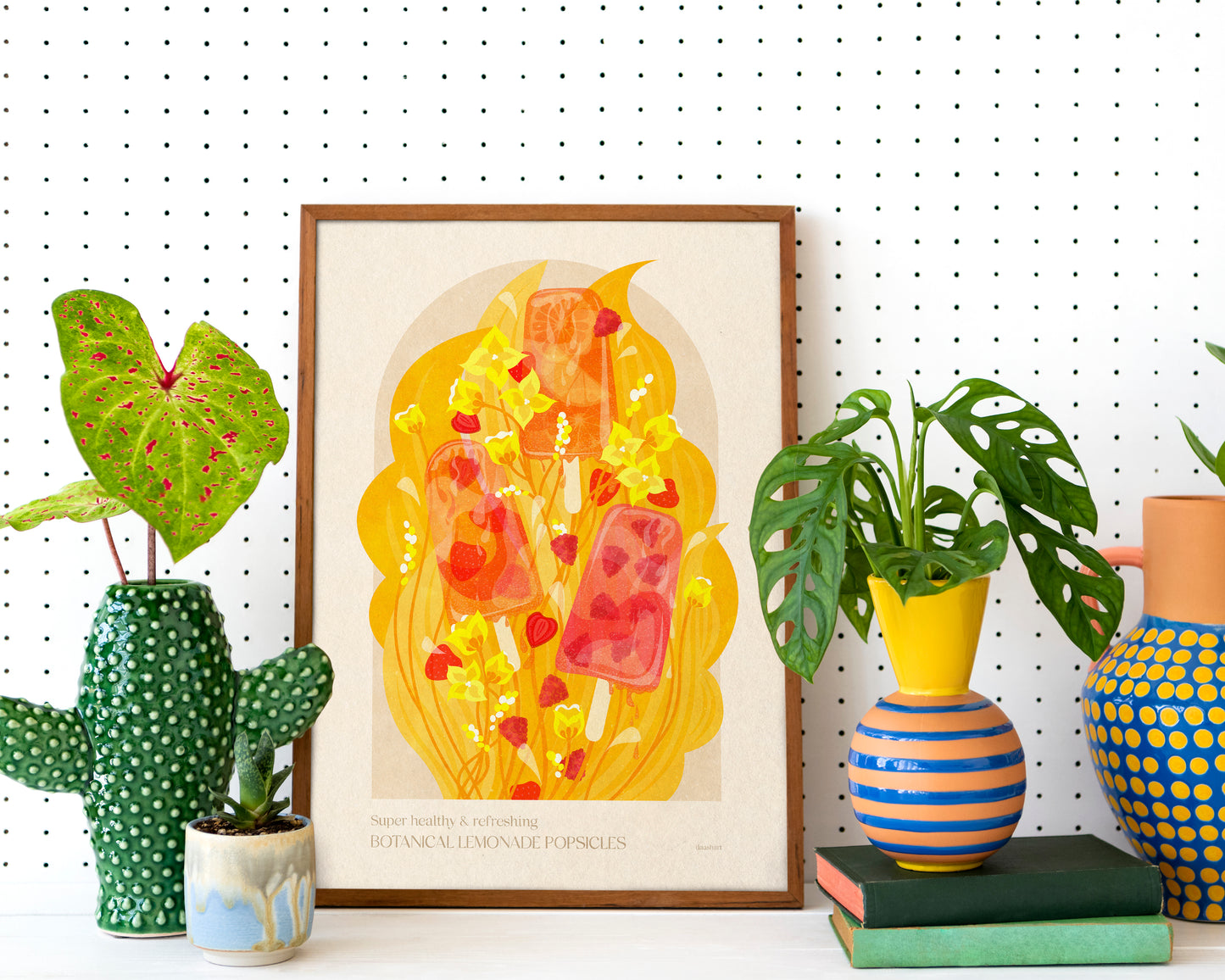 Botanical vintage lemonade popsicles poster Colorful summer for modern kitchen and dining room decor with Pink, red and yellow juicy strawberries, raspberries, and oranges