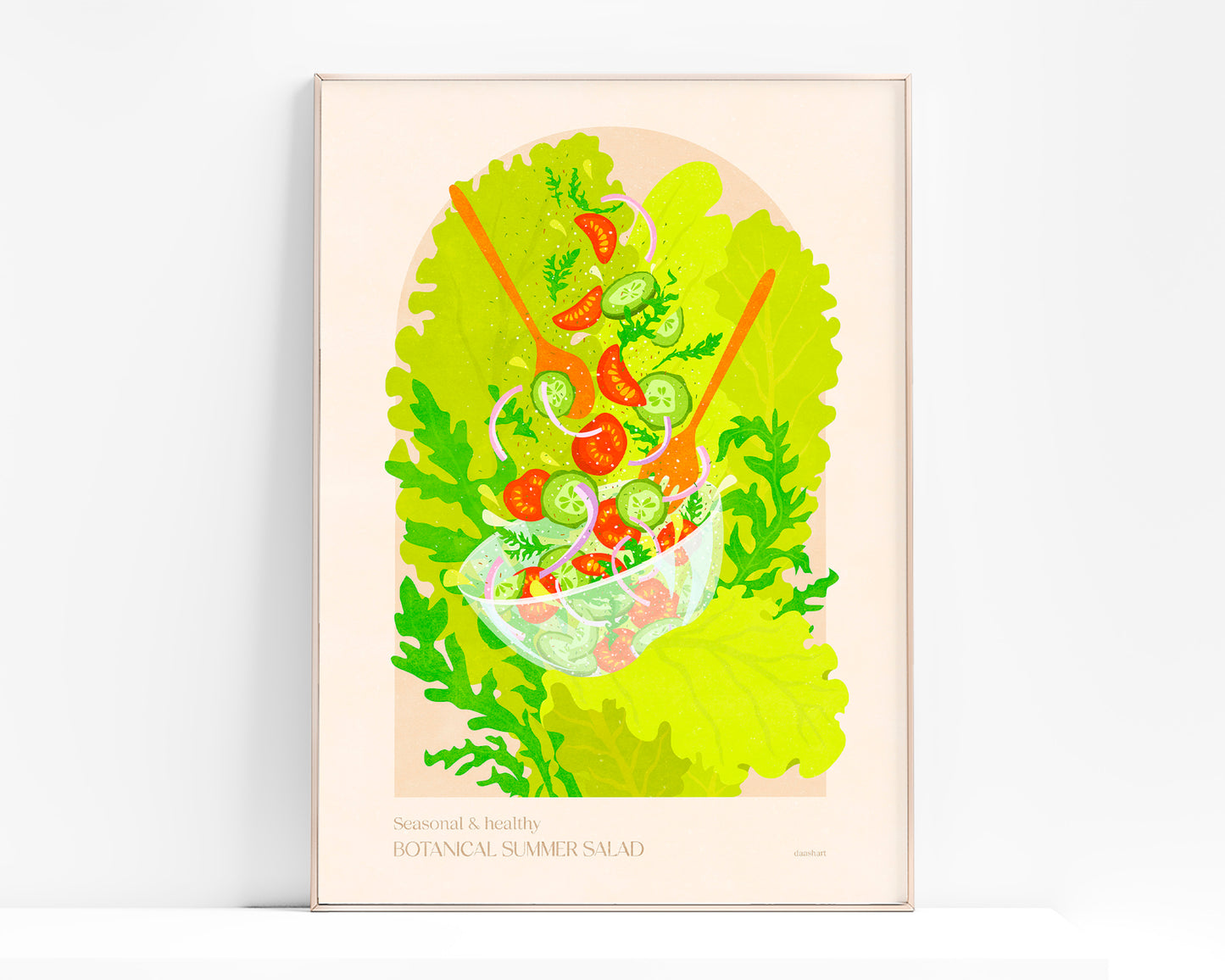 Botanical vintage bright summer salad poster for modern kitchen and dining room decor wiith tomatoes, cucumber, onion, salad, rucola / food poster daashart