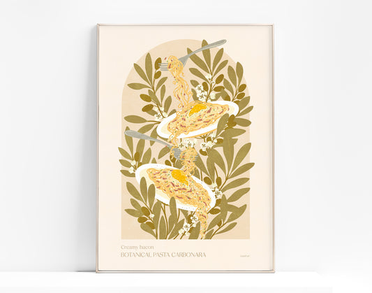Botanical vintage Pasta carbonara with bacon poster Modern kitchen Printable wall art Food italian prints Dining room decor INSTANT DOWNLOAD