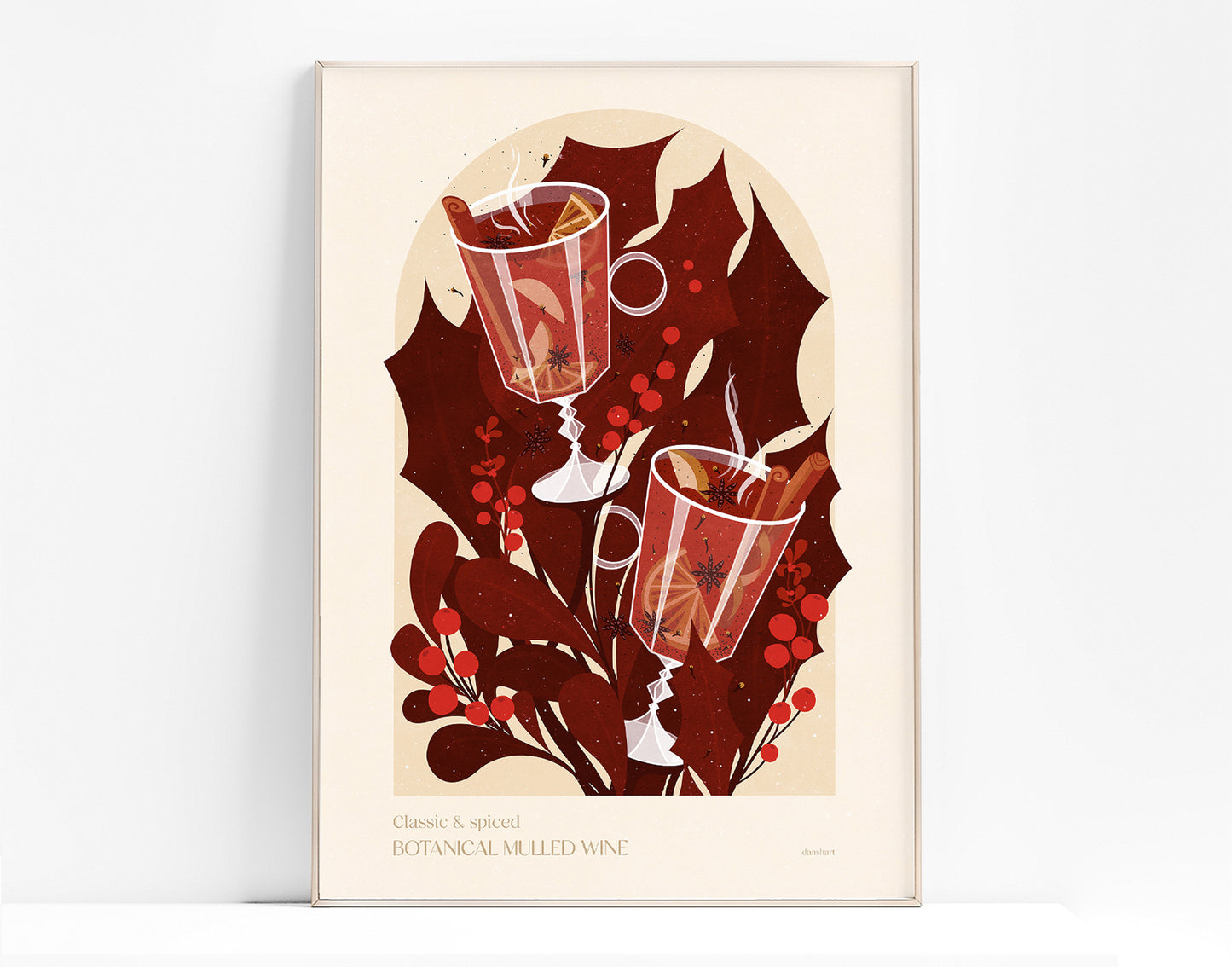 Botanical vintage mulled wine and Holly plant Holiday winter printable wall art for Modern kitchen art, bedroom dining room, hot drink poster, Christmas poster, digital illustration, festive wall decor