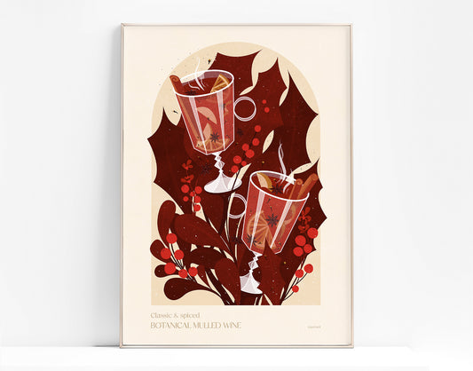 Botanical vintage mulled wine and Holly plant Holiday winter printable wall art for Modern kitchen art, bedroom dining room, hot drink poster, Christmas poster, digital illustration, festive wall decor