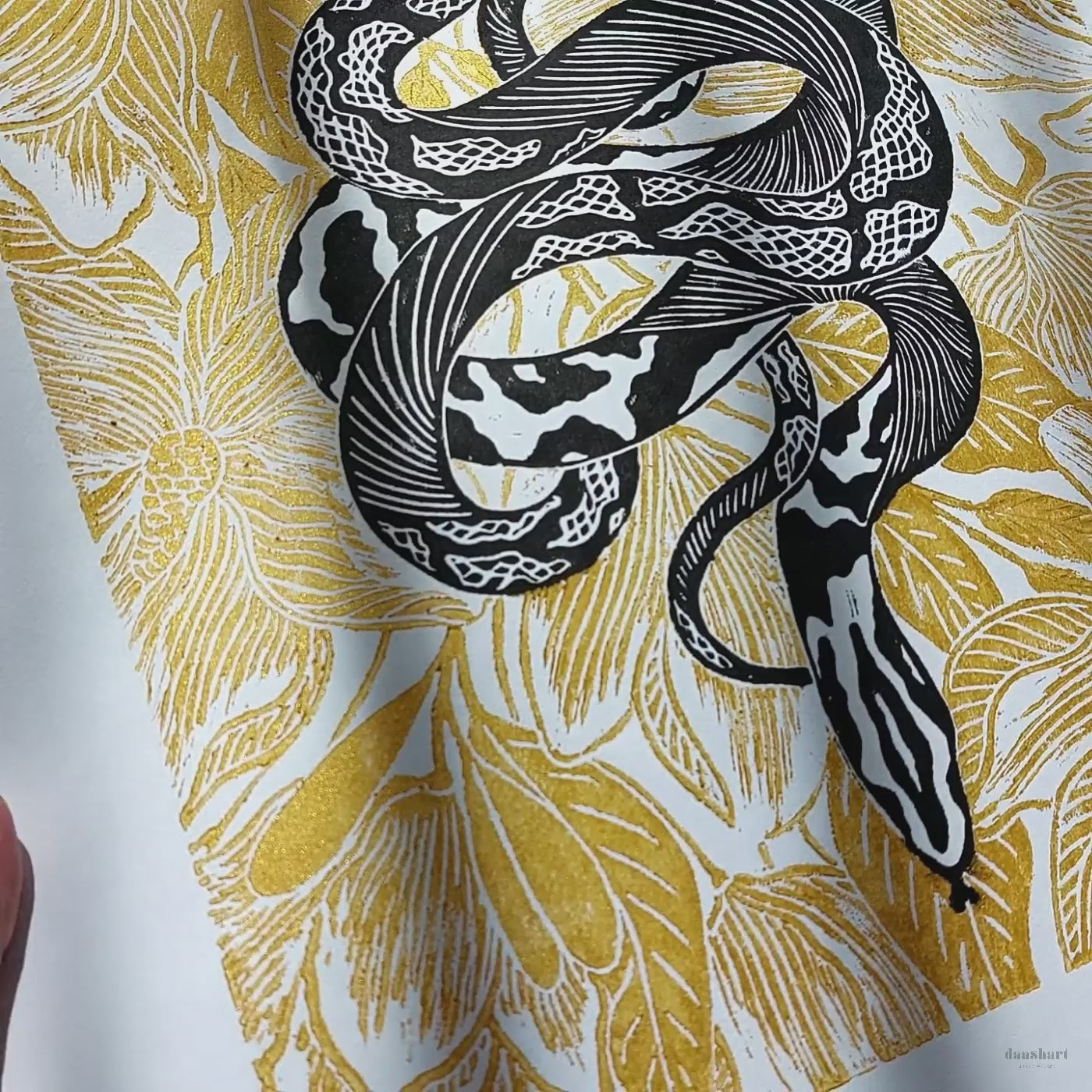 Black and gold floral snake magnolia flowers Linocut print for Nature lover gift UNFRAMED Housewarming gift New home gift Living room or bedroom decor 16x12 Reptile Original artwork Classical wall decor