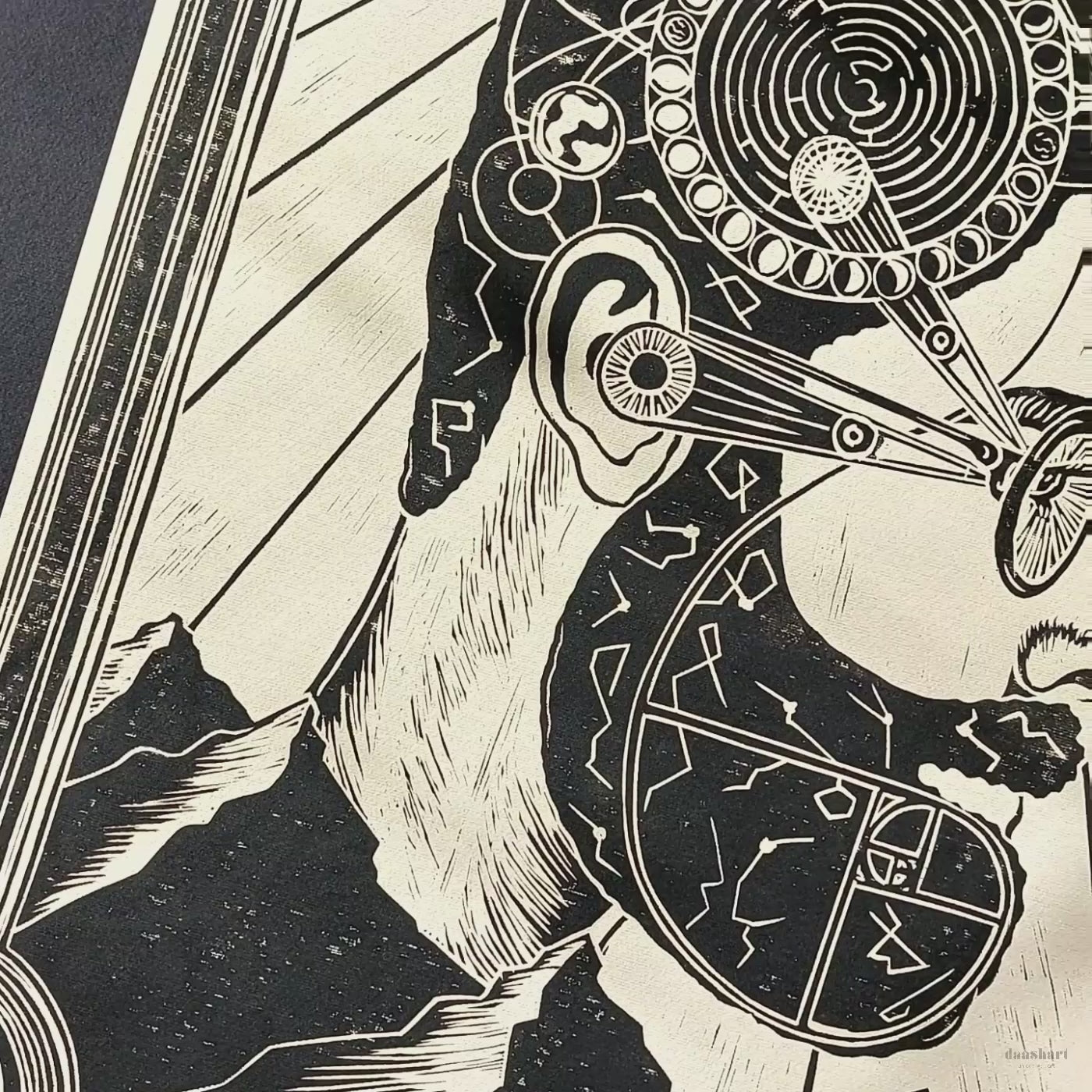 Linocut print Male portrait with constellations Solar system Moon phases map Original artwork for Boyfriend gift or Grandpa Chic wall decor, lino print, linogravure, printmaking art, handmade wall art, bedroom wall decor, living room wall art, man art, black and beige wall art