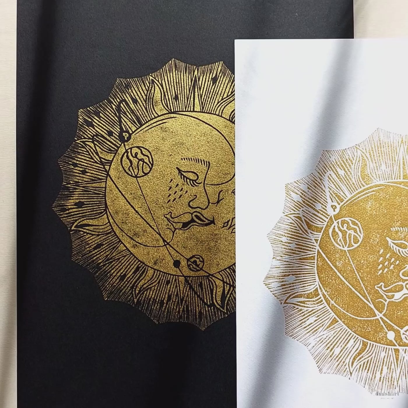 Linocut print original artwork Living room Kisses Printmaking simple Linogravure lino Boho gold moon sun kiss Printmaking relief wall art Bedroom valentines home decor block New first home gift girlfriend boyfriend wife bestfriend
