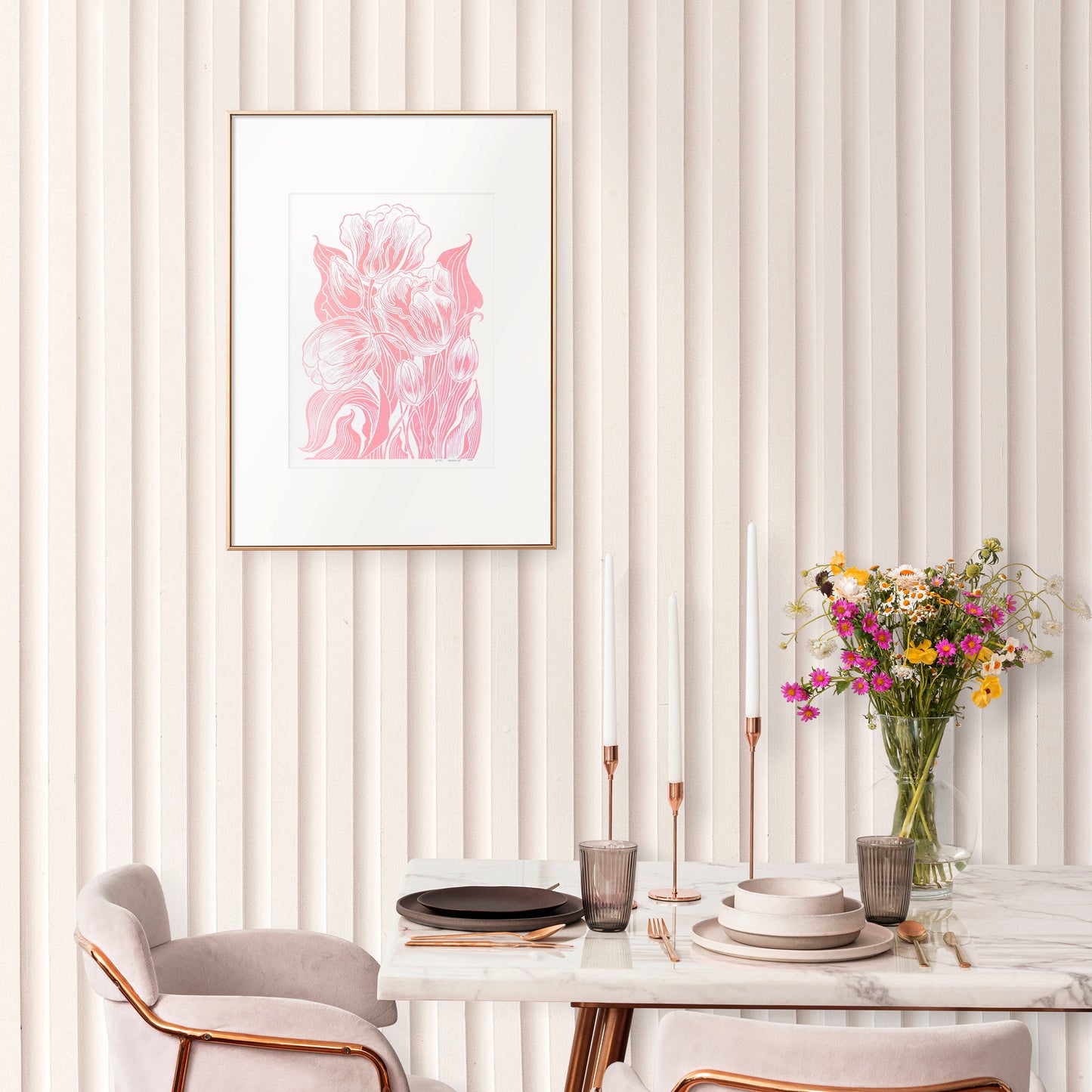Spring wall art Linocut print Pink tulips flower Botanical original relief artwork for Modern bedroom kitchen decor or Nature lover gift