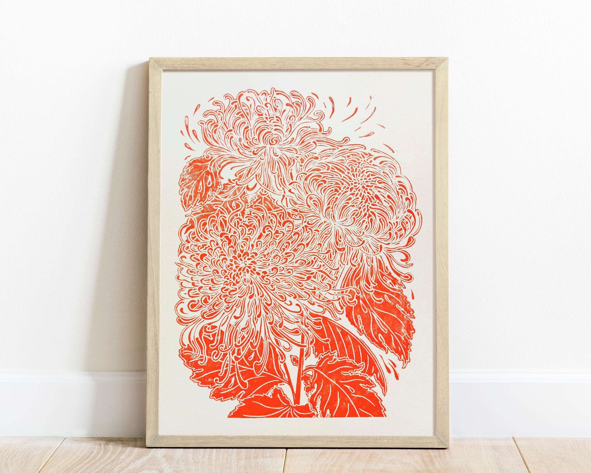 Red japanese chrysanthemum flower Linocut print for Nature lover gift UNFRAMED for modern kitchen or bedroom wall decor
