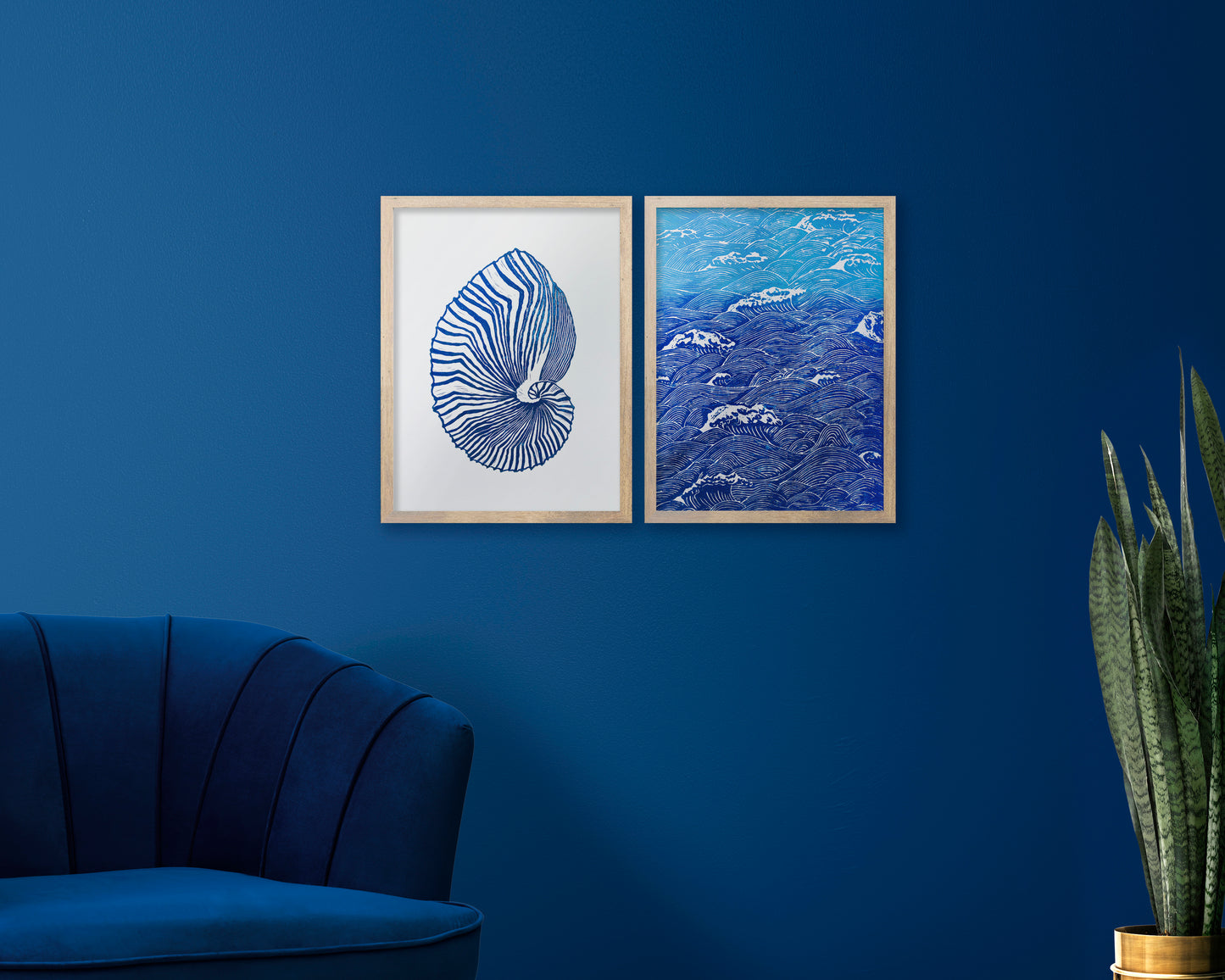 Gallery wall set of 2 Blue sea shell and ocean waves wall art Linocut print UNFRAMED / costal art / hampton style / nautical wall art / lino print / linogravure / original artwork for bedroom / bathroom / living room