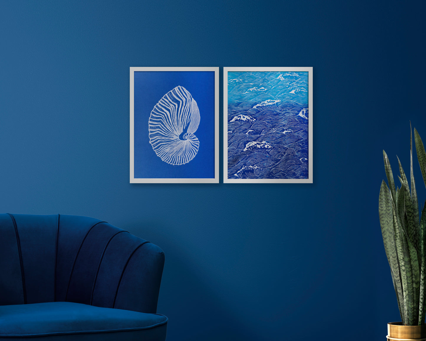Gallery wall set of 2 Blue ocean waves and sea shell wall art Linocut print UNFRAMED
