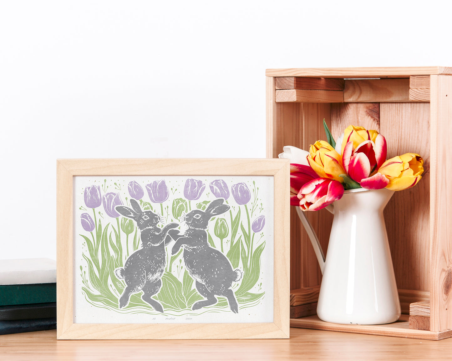 Dancing rabbits with tulips flower and plant Printable linocut prints wall art Relief texture Kids decor Digital downloadable poster Bunnies Bunny rabbit Children kids room wall decor art Funny bedroom home workspace illustration