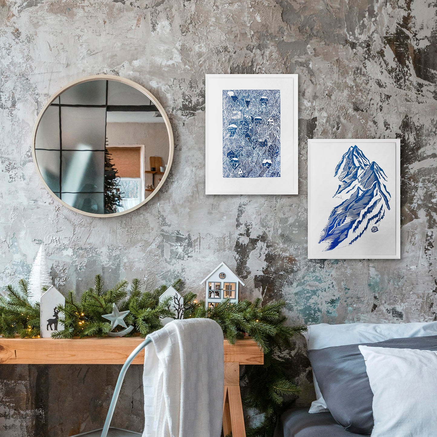 Gallery wall set of 2 linocut prints Blue mountains and forest with houses Bedroom decor for Nature lovers gift UNFRAMED, Linogravure, Lino print, Printmaking art, original artwork, Farmhouse wall decor, New home gift, Bedroom wall decor, nursery decor, living room decoration