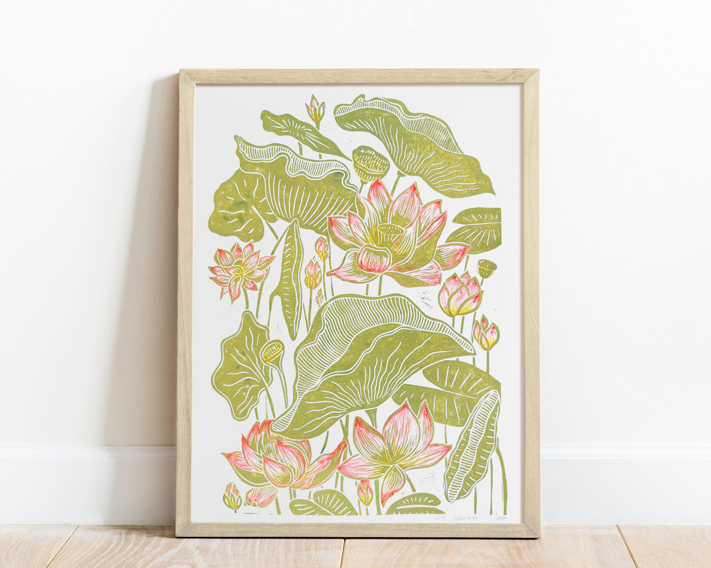 Summer wall art Watercolor Lotus flowers and leaves Botanical linocut print Original artwork Modern kitchen japanese decor Nature lover gift