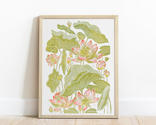 Summer wall art Watercolor Lotus flowers and leaves Botanical linocut print Original artwork Modern kitchen japanese decor Nature lover gift