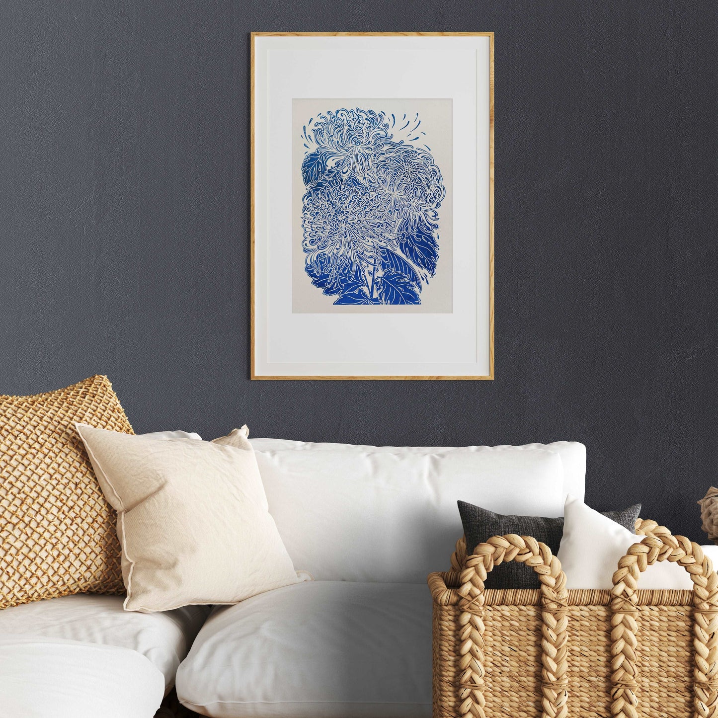 Blue japanese chrysanthemum flower Linocut print for Nature lover gift UNFRAMED for modern kitchen or bedroom wall decor