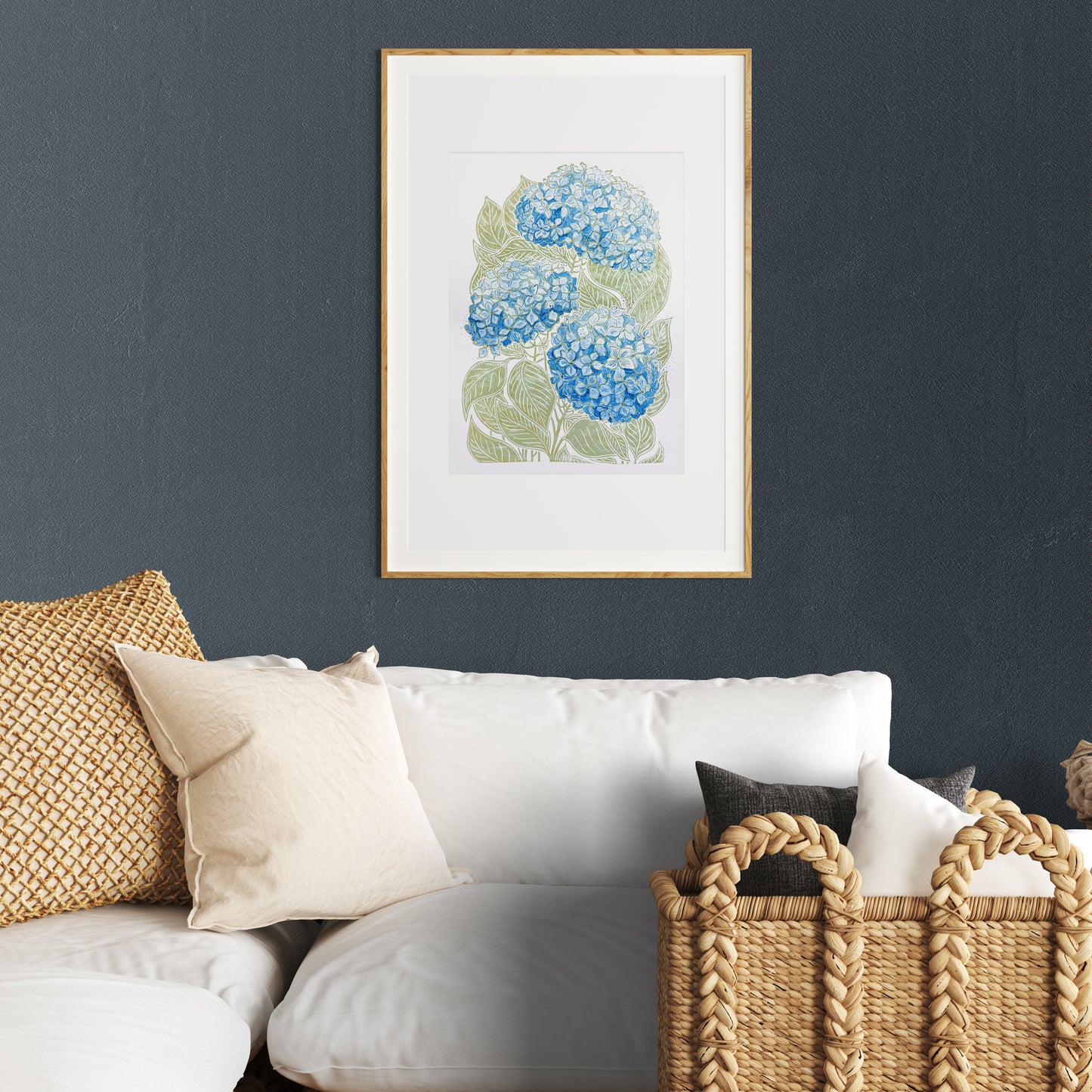 Green and blue watercolor hydrangea Linocut print for Nature lover gift in living room