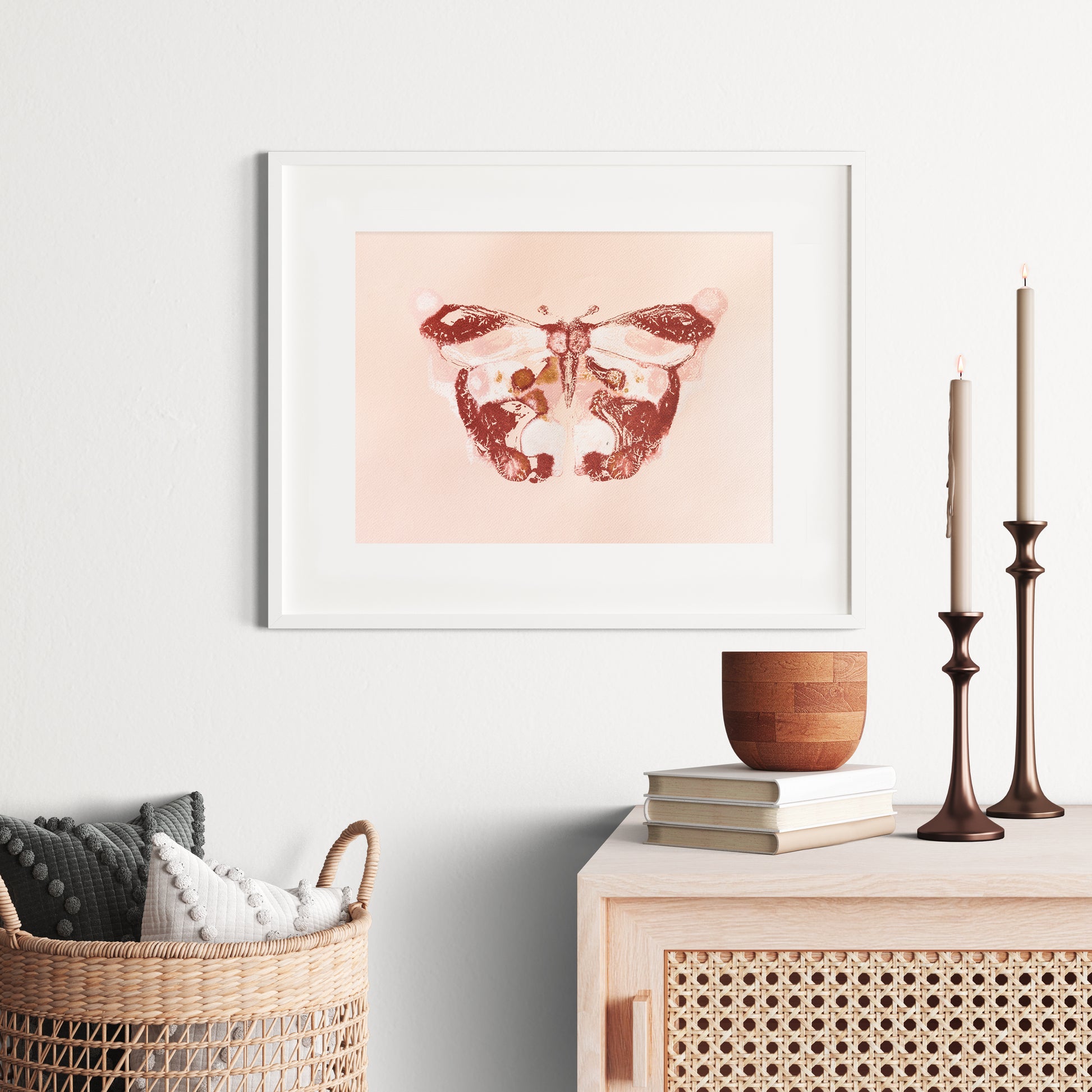 №2 - Pink and terracotta abstract butterfly Monotype print for Nature lover gift UNFRAMED for living room, or bedroom original artwork