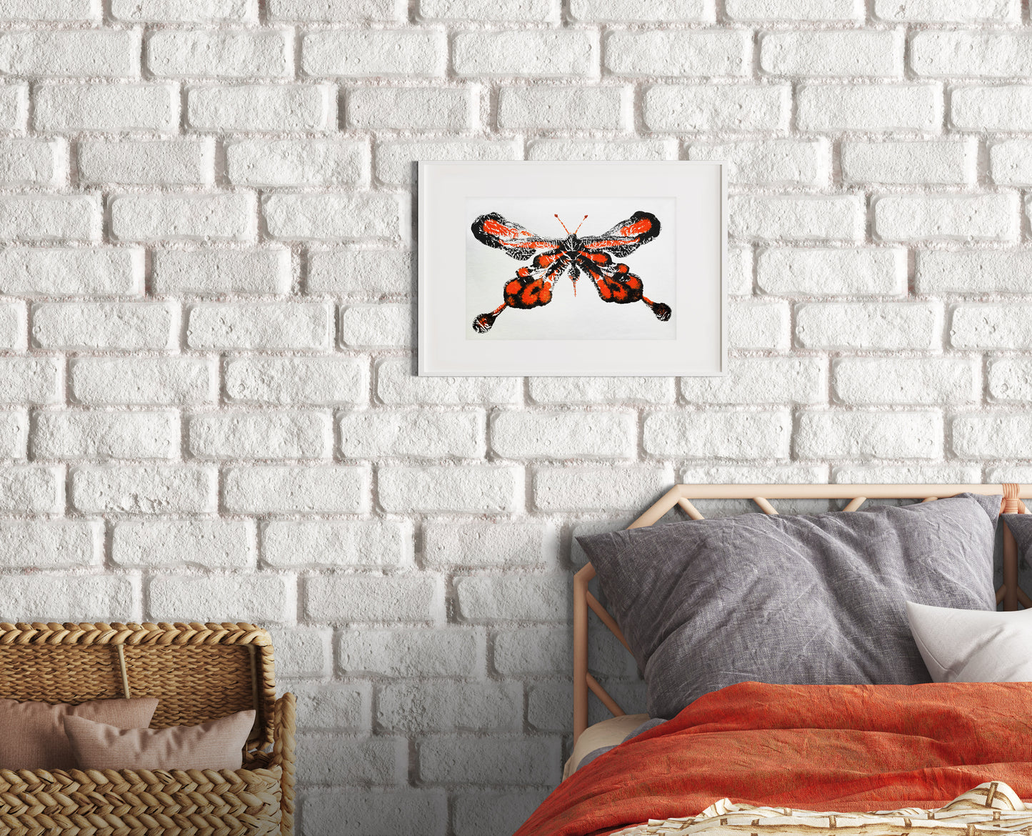 №4 - Red and black abstract butterfly Monotype print for Nature lover gift UNFRAMED in bedroom