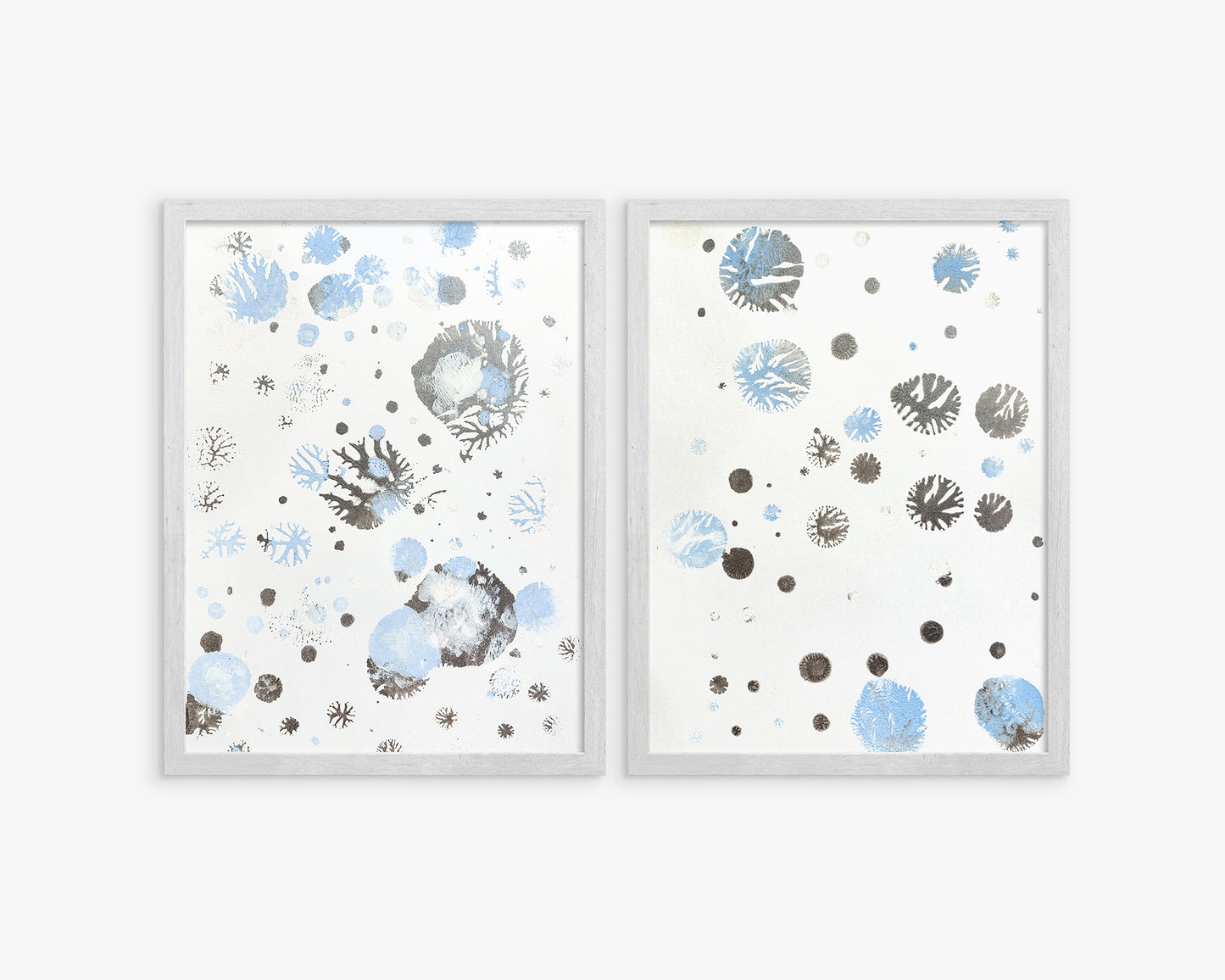 Gallery wall set of 2 Monotype print Blue and silver abstract snowflakes Holiday winter wall art Christmas festive decor UNFRAMED, Bedroom wall decor, relief print, Original artwork, Noel decoration, printmaking art, handmade print