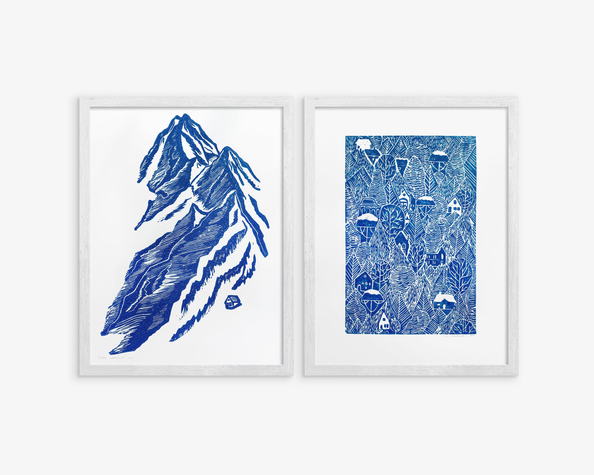 Gallery wall set of 2 linocut prints Blue mountains and forest with houses Bedroom decor for Nature lovers gift UNFRAMED, Linogravure, Lino print, Printmaking art, original artwork, Farmhouse wall decor, New home gift, Bedroom wall decor, nursery decor, living room decoration, handmade print