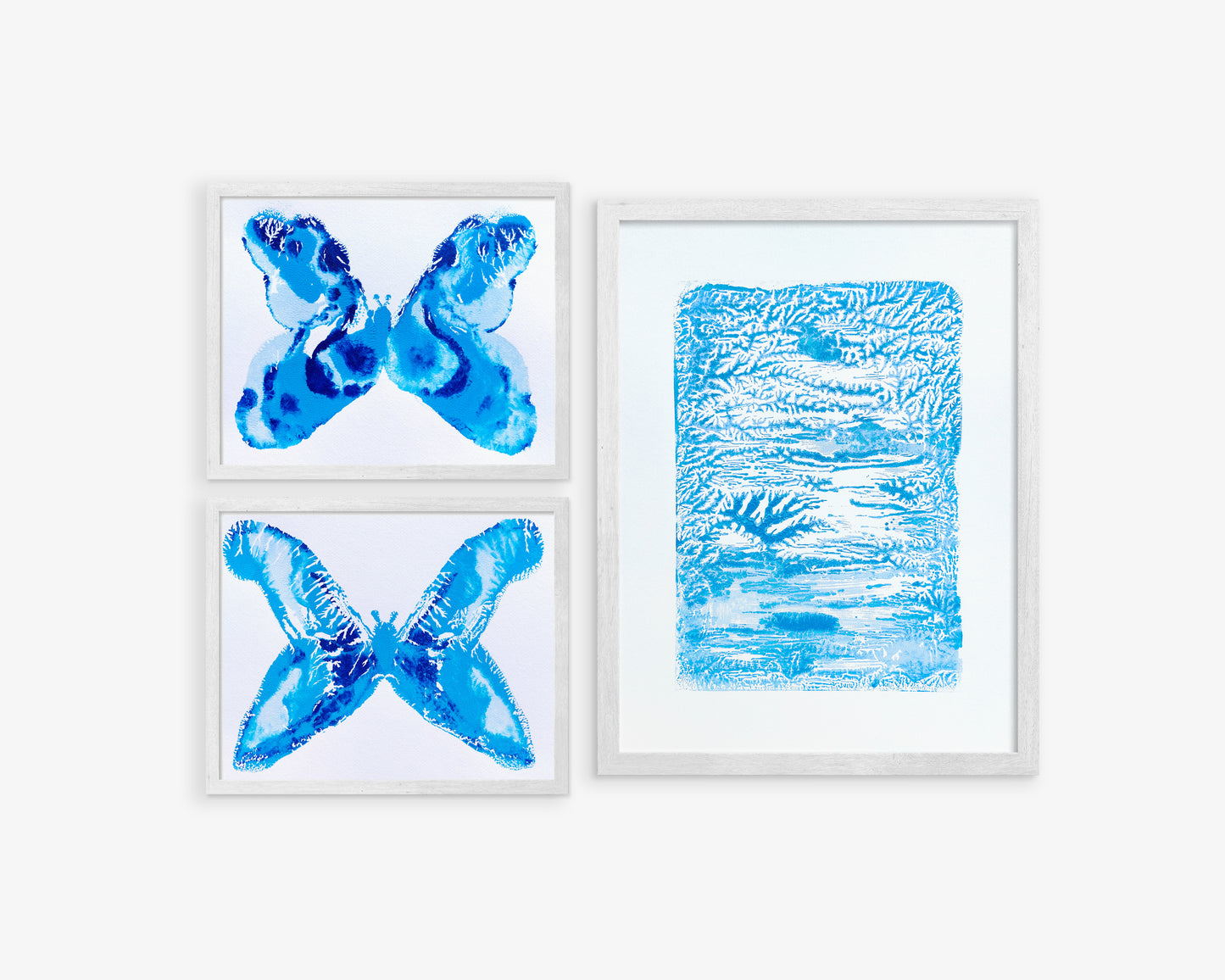 Gallery wall set of 3 Monotype print Abstract butterfly and relief texture Original artwork Holiday winter wall art Bedroom decor UNFRAMED, handmade printmaking art, noel decoration, christmas artwork, Festive winter art, butterflies, Living room wall art decorations