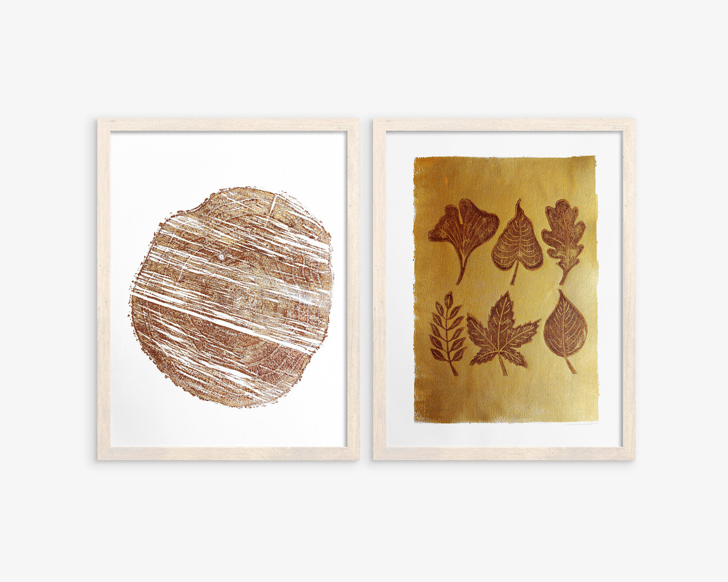 Gallery wall set of 2 Autumn wall art Leaves and brown wood slice linocut print Nature lover gift UNFRAMED, original artwork, relief print, printmaking art, lino print, linogravure, handmade wall art, new home gift, farmhouse decor, houswarming gift, living room wall art, dining room art, farm kitchen art, bedroom wall decor, autumn art, fall wall art, seasonal wall decor, aesthetic wall art