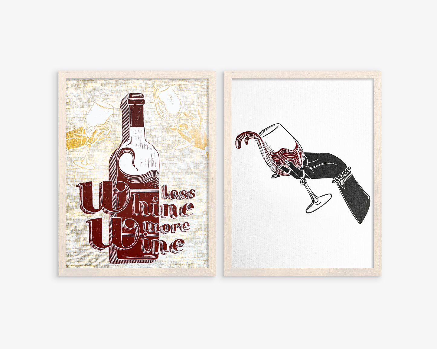 Holiday gallery wall set of 2 Wine original artwork Less whine more wine Linocut print Women hand with glass of red wine for Bar gift art UNFRAMED, lino print, linogravure, printmaking art, relief print, block print, festive wall art, alcohol poster, bar art, original artwork, New home gift, housewarming gift, modern kitchen art, bedroom wall decor, dining romm decor, birthday decor, christmas decoration, burgundy, purple, dark red and black, gold wall artwork