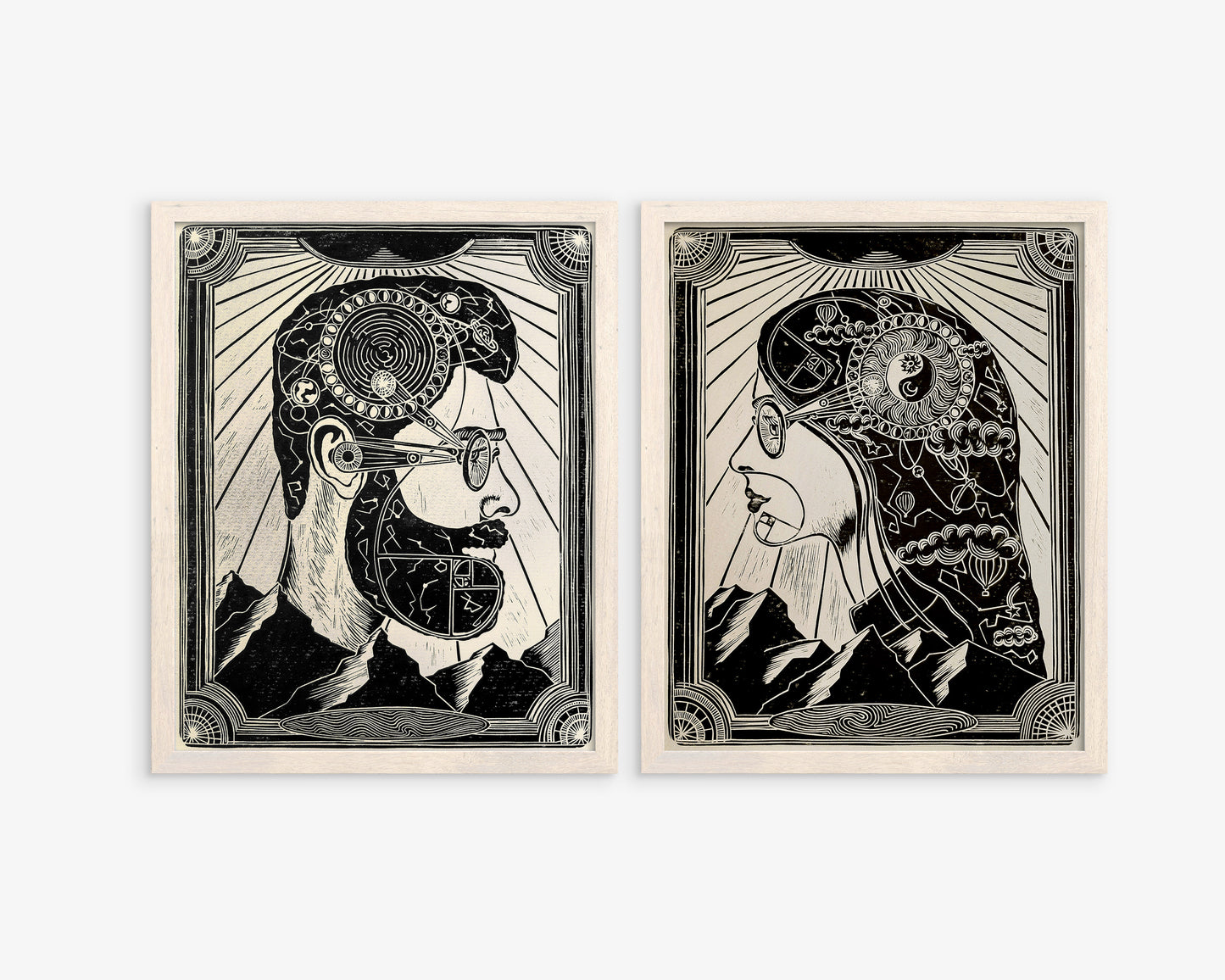 Linocut print Male portrait with constellations Solar system Moon phases map Original artwork for Boyfriend gift or Grandpa Chic wall decor, lino print, linogravure, printmaking art, handmade wall art, bedroom wall decor, living room wall art, man art, black and beige wall art, gallery wall set of 2 prints female portrait, woman portrait