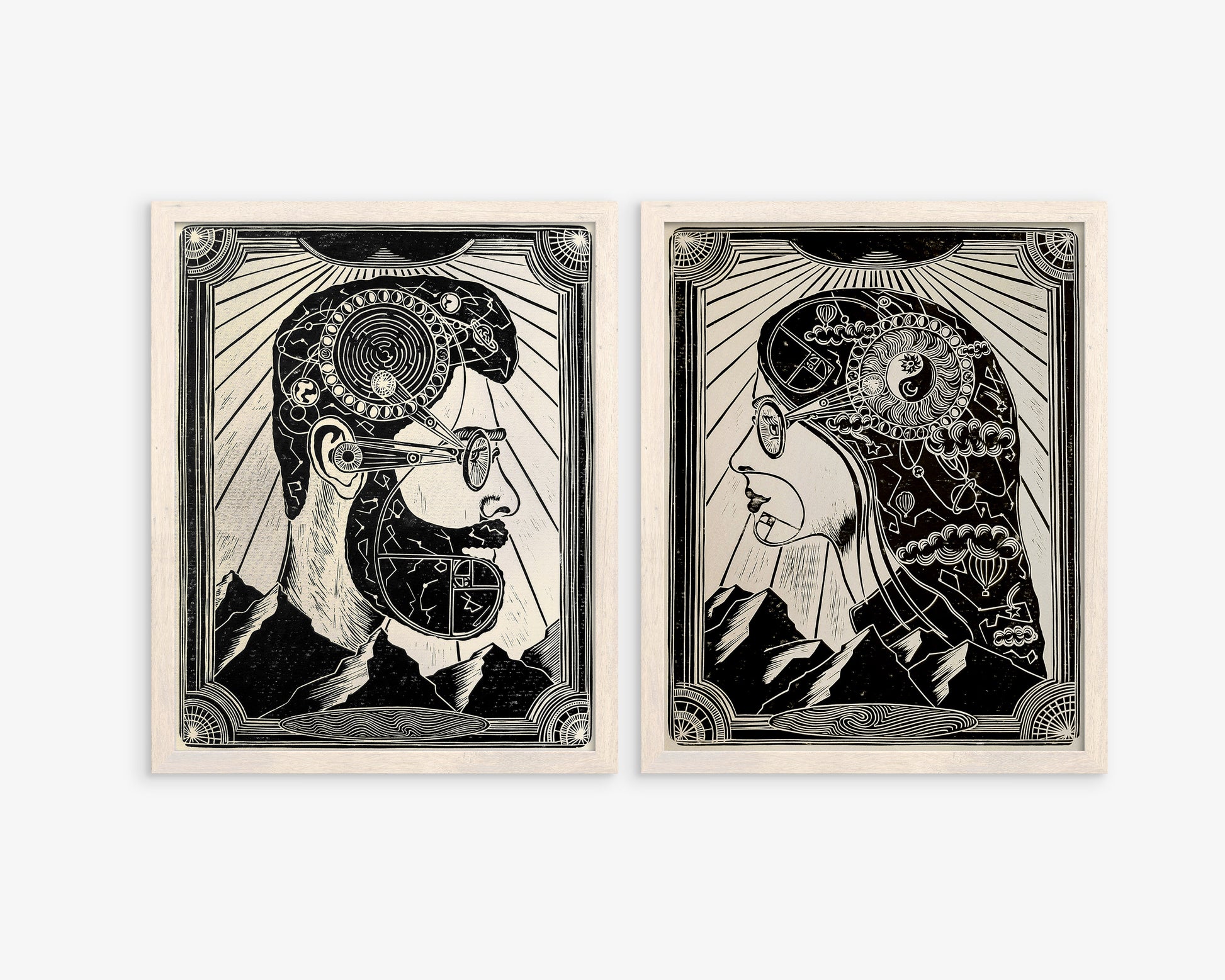 Linocut print Male portrait with constellations Solar system Moon phases map Original artwork for Boyfriend gift or Grandpa Chic wall decor, lino print, linogravure, printmaking art, handmade wall art, bedroom wall decor, living room wall art, man art, black and beige wall art, gallery wall set of 2 prints female portrait, woman portrait