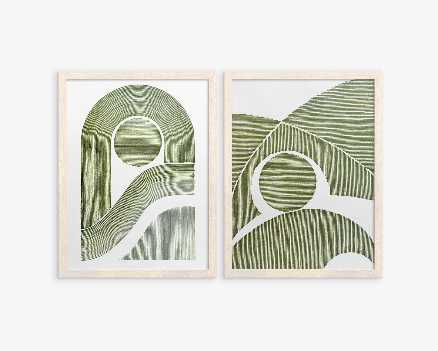 Summer gallery wall set of 2 art Sage green sun abstract lines arch Original hand drawn artwork Bedroom decor New home gift One of kind
