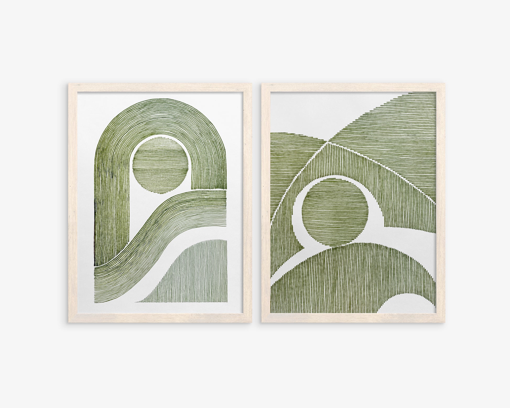 Summer gallery wall set of 2 art Sage green sun abstract lines arch Original hand drawn artwork Bedroom decor New home gift One of kind