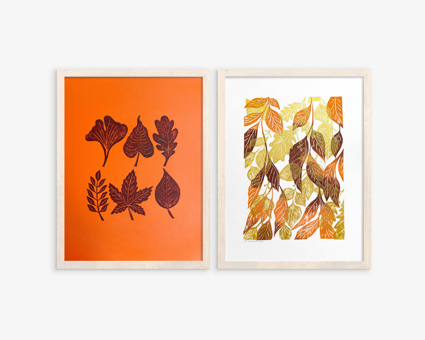 Gallery wall set of 2 Brown gold orange leaves Botanical linocut print Nature lover gift UNFRAMED / original artwork, relief print, printmaking art, lino print, linogravure, handmade wall art, new home gift, farmhouse decor, houswarming gift, living room wall art, dining room art, farm kitchen art, bedroom wall decor, autumn art, fall wall art, seasonal wall decor, aesthetic wall art