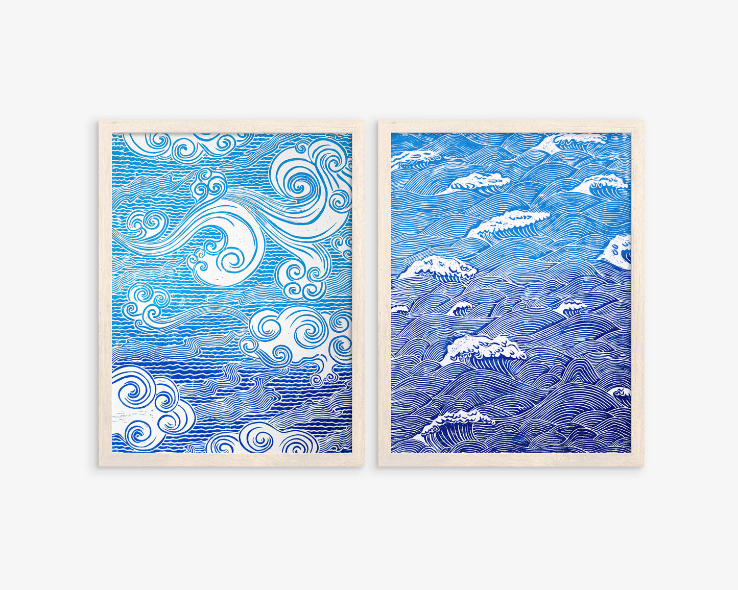 Gallery wall set of 2 Blue Japanese waves and clouds wall art Linocut print UNFRAMED for bathroom, bedroom or living room wall decor, lino print, linogravure, printmaking, handmade art, block print, relief print for new home gift or nature lover gift