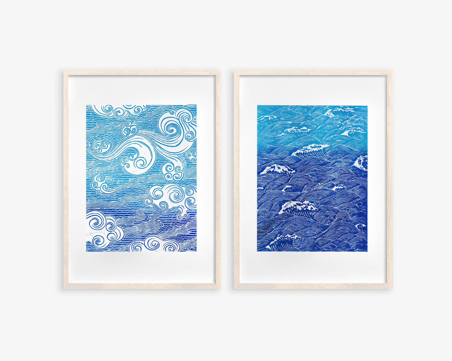 Gallery wall set of 2 Blue Japanese waves and clouds wall art Linocut print UNFRAMED for bathroom, bedroom or living room wall decor, lino print, linogravure, printmaking, handmade art, block print, relief print for new home gift or nature lover gift