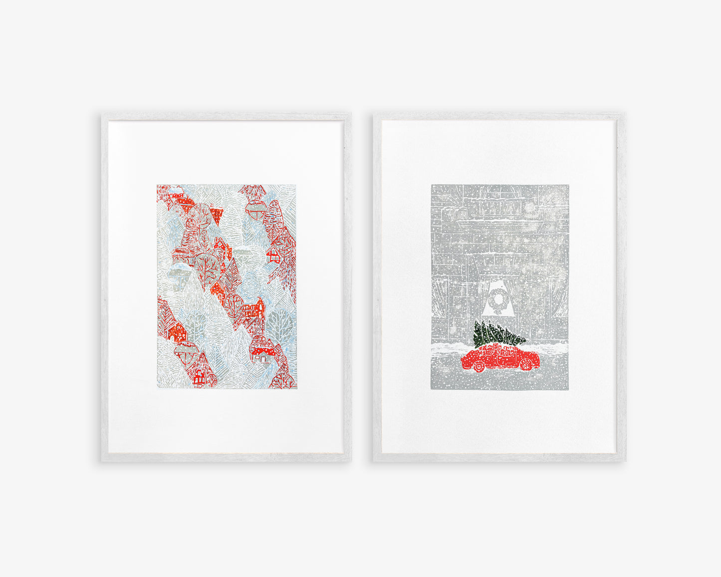 Gallery wall set of 2 Christmas tree with car art and Winter forest with red houses and white snow Linocut print Holiday wall art UNFRAMED, relief print, handmade printmaking for nursery decor, kids room, bedroom or living room, original artwork