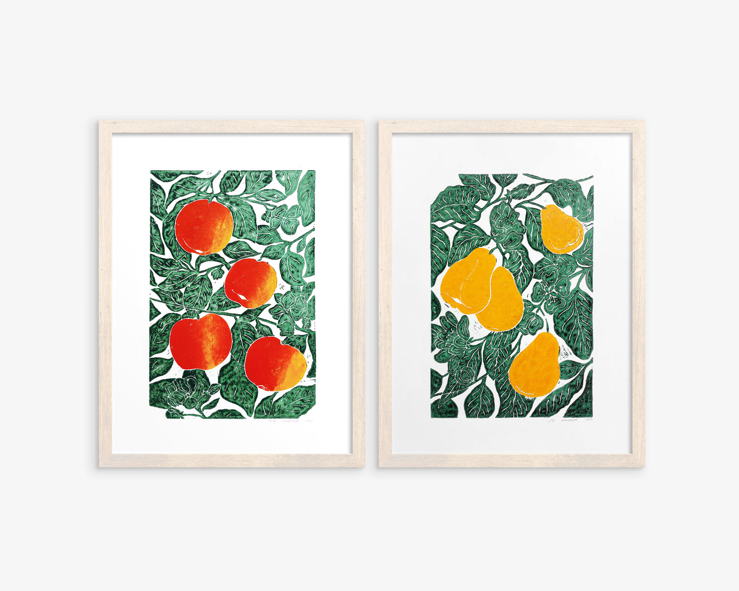 Gallery wall set of 2 linocut print Apples and pears botanical fruit and plant for modern kitchen wall art or Nature lover gift UNFRAMED