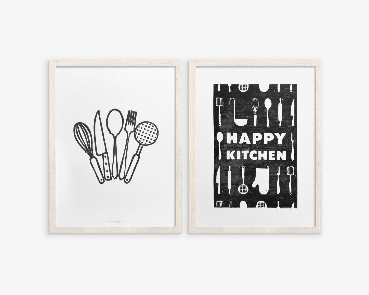 Linocut print Black utensils pattern Happy kitchen sign Simple artwork Modern kitchen art Linogravure Lino print Printmaking art Gallery wall set of 2 print original wall decor Spoon fork knife Printmaking handmade block relief print Dining room decor decoration Home accessories for Mom Grandma chic gift New first home gift