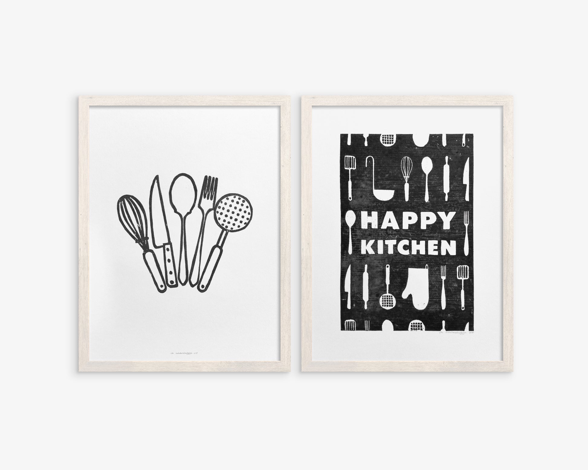 Linocut print Black utensils pattern Happy kitchen sign Simple artwork Modern kitchen art Linogravure Lino print Printmaking art Gallery wall set of 2 print original wall decor Spoon fork knife Printmaking handmade block relief print Dining room decor decoration Home accessories for Mom Grandma chic gift New first home gift