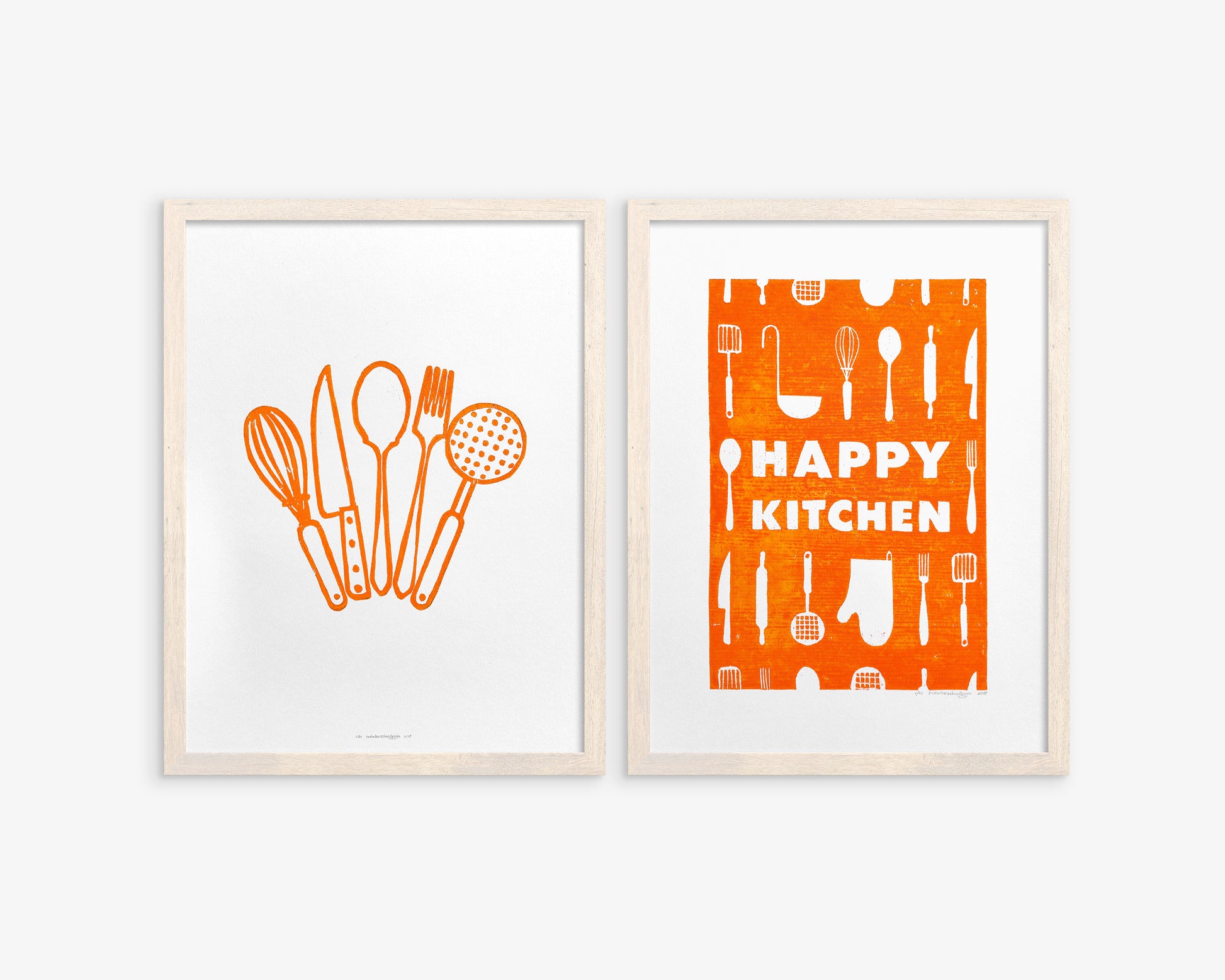 Linocut print Orange utensils pattern Happy kitchen sign Simple artwork Modern kitchen art Linogravure Lino print Printmaking art Gallery wall set of 2 print original wall decor Spoon fork knife Printmaking handmade block relief print Dining room decor decoration Home accessories for Mom Grandma chic gift New first home gift