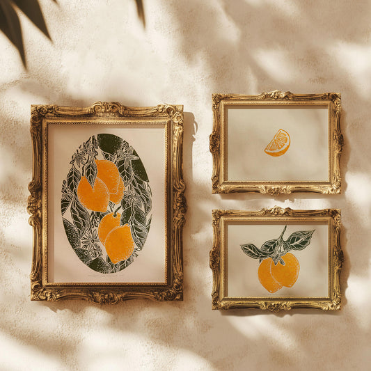 Gallery wall set of 3 Vintage lemons and slice fruits linocut print for Dining room art decor wall hanging, Vintage art, unique wall art, trendy wall art, thank you gift boss, teacher appreciation gift, Summer wall art, sister in law gift, shelf decor, self gift, Sage green color, rustic artwork, Retro artwork, retirement gift, Relief print, realtor closing gift, Printmaking art, Plant print, plant lover gift, original illustration, original artwork