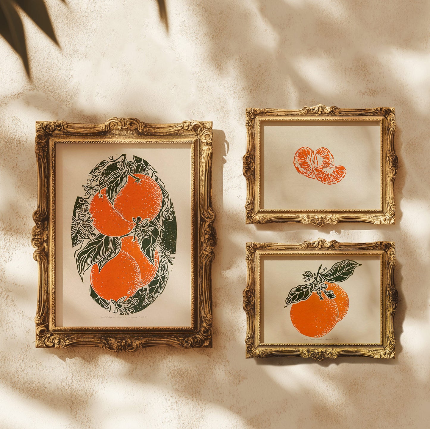 vintage clementine fruits linocut print gallery wall set of 3 mandarin slice original artwork modern kitchen art chateaucore decor thank you gift lino linogravure dining room decor wall hanging, Vintage art, unique wall art, trendy wall art, thank you gift boss, teacher appreciation gift, Summer wall art, sister in law gift, shelf decor, self gift, Sage green color, rustic artwork, Retro artwork, retirement gift, Relief print, realtor closing gift, Printmaking