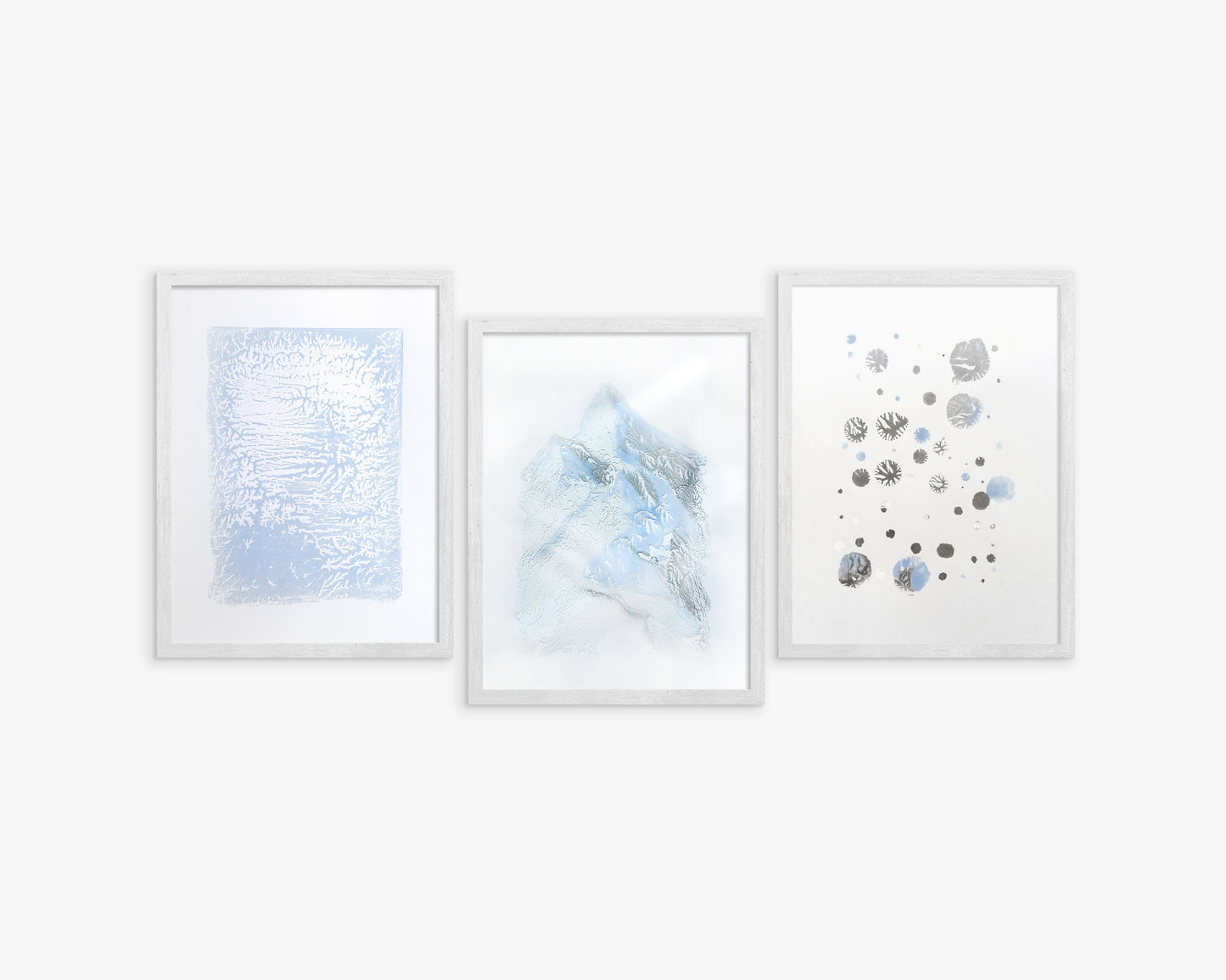 Gallery wall set Noel decoration Christmas wall decor set of 3 prints Holiday winter wall Monotype print original artwork Blue silver snow Relief texture Abstract mountains bedroom wall decor Printmaking art Minimalist festive Handmade painting one copy unique decor Home decoration Living room Bedroom wall decor