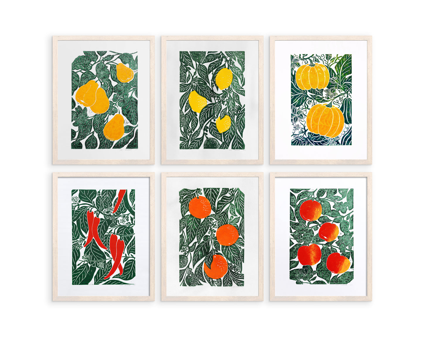 Gallery wall set of 6 linocut print Oranges Lemon Pumpkin Apples Chili papper Pear botanical fruit and vegetables for modern kitchen wall art or Nature lover gift UNFRAMED / original artwork, handmade art, printmaking, lino print, linogravure, farm kitchen art, living room decor, dining room wall art, bedroom art, new home gift, farmhouse gift, floral wall art